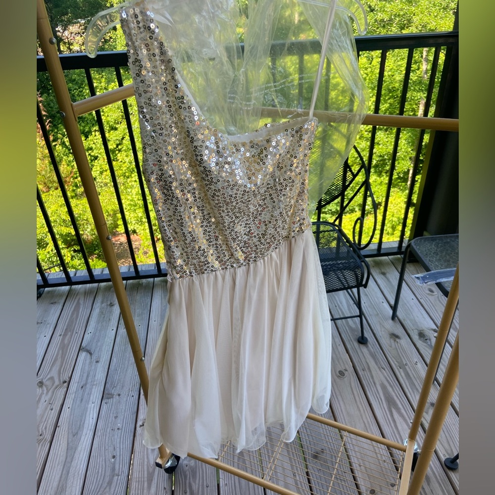 Gold and white one-shoulder sequin cocktail dress
